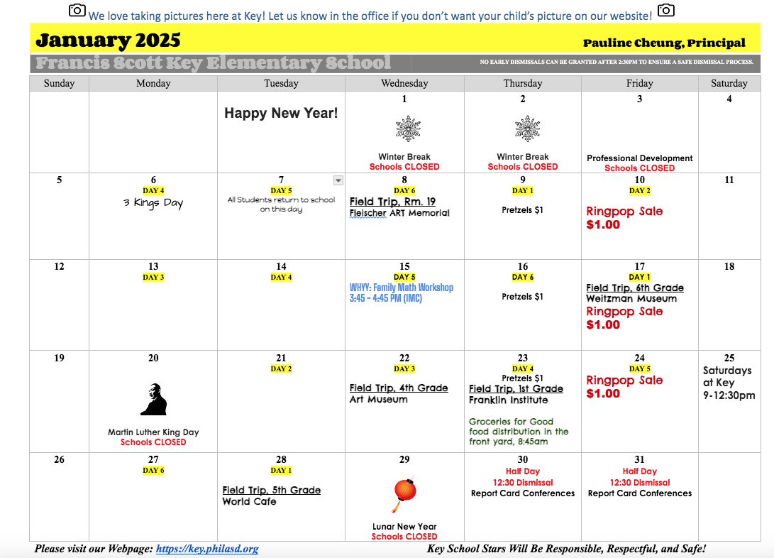 January 2025 school calendar