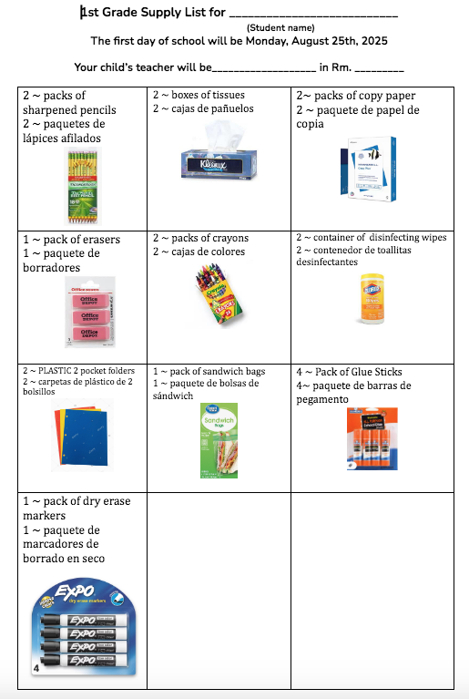 First grade supply list SY 2025