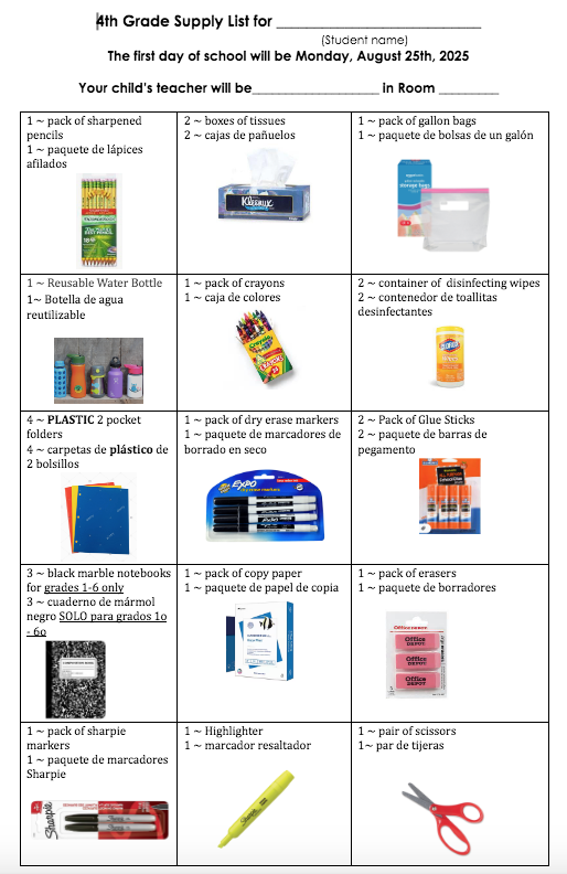 Fourth grade supply list SY 2025