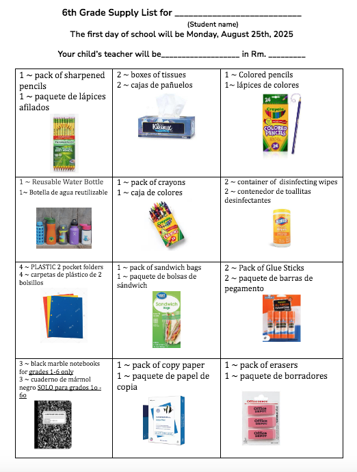 Sixth grade supply list SY 2025