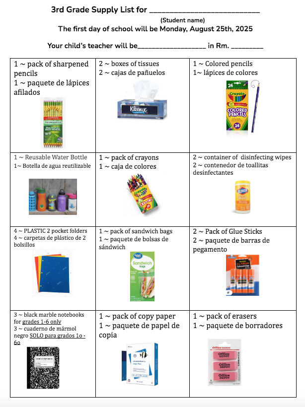 Third grade supply list SY 2025