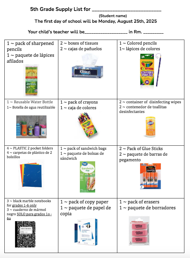 Fifth grade supply list SY 2025